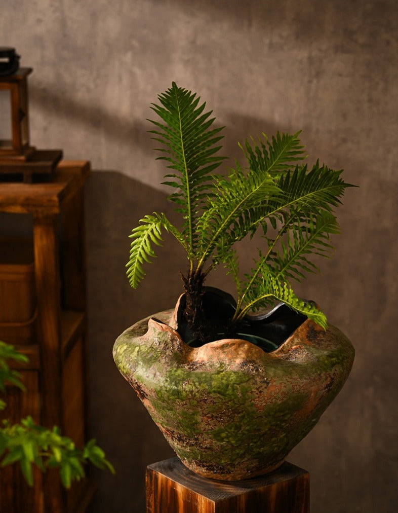 Hand-Thrown Volcanic Planter — Wide Basin, Wavy Rim
