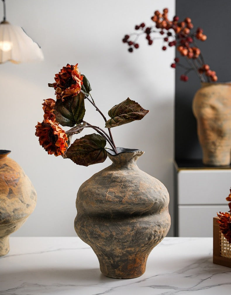 Hand-Thrown Stoneware Vase — Textured, Earth-Toned, Asymmetrical - Clay