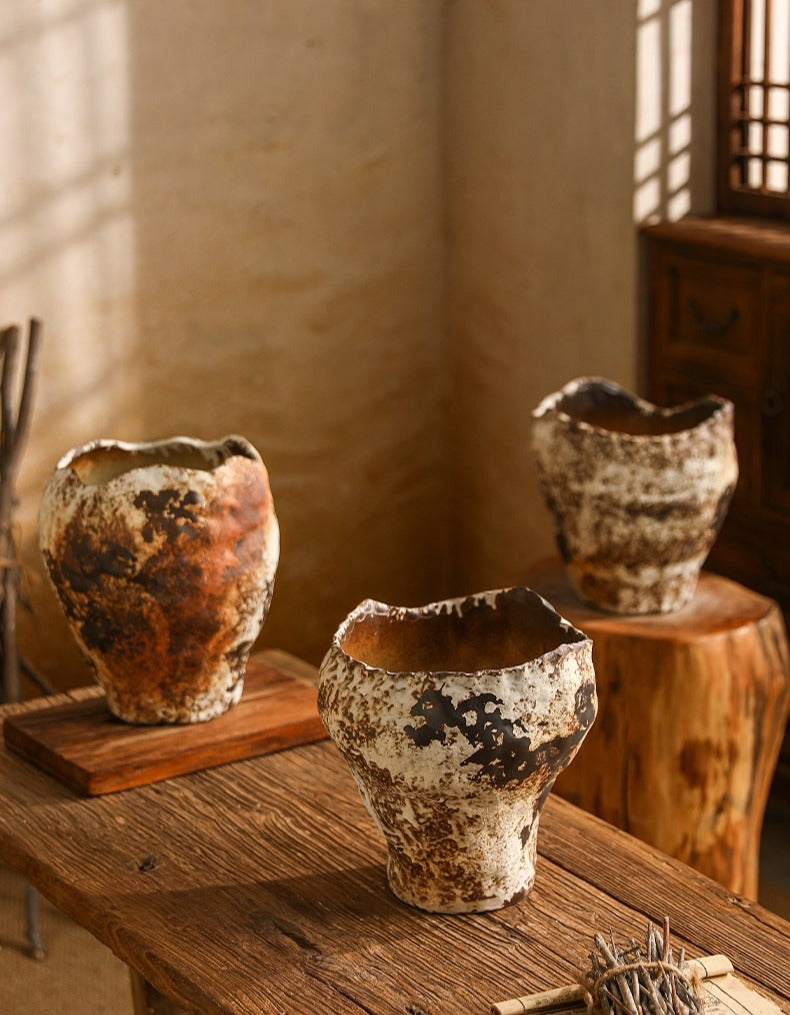 Hand-Thrown Crater Vase — Blackened Patina, Wavy Rim - Large