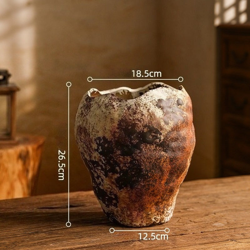 Hand-Thrown Crater Vase — Blackened Patina, Wavy Rim - Large
