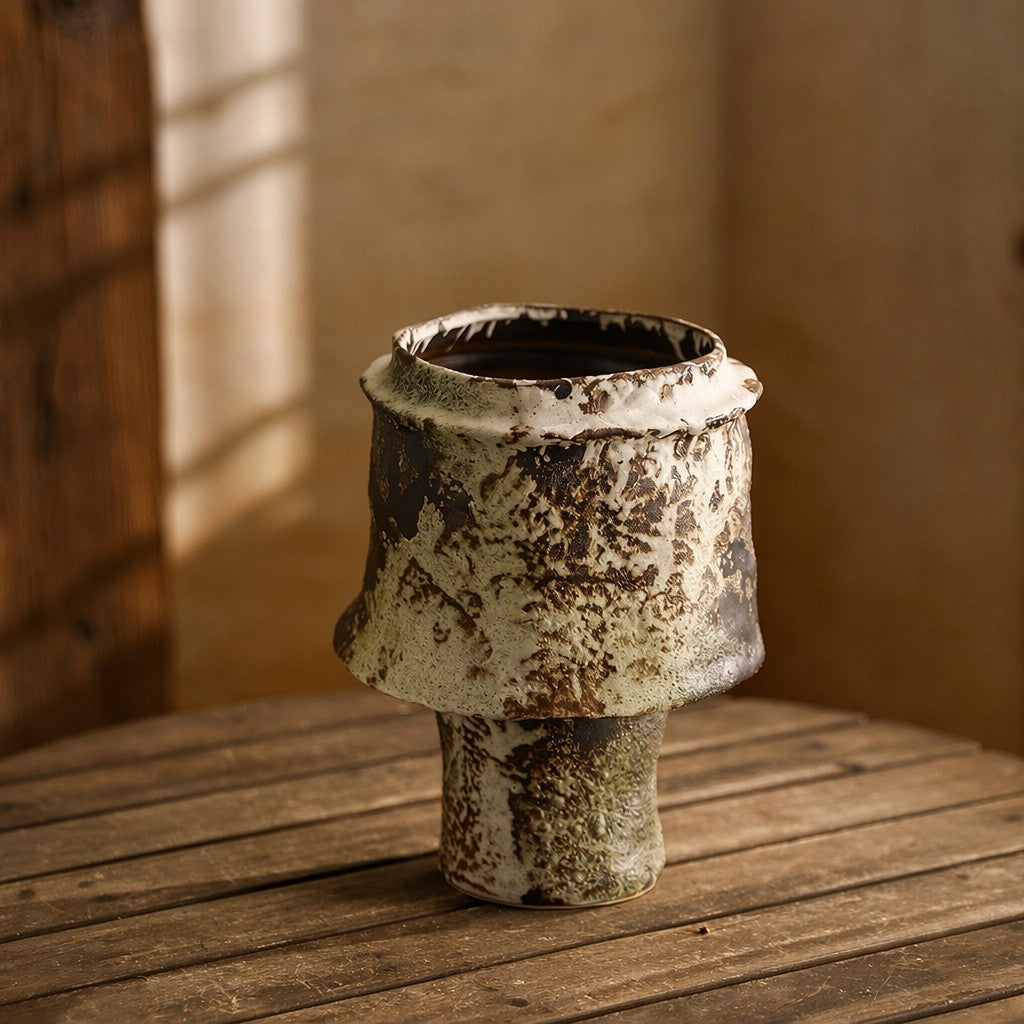 Hand-Thrown Mushroom Planter — Crawling Glaze, Pedestal Base