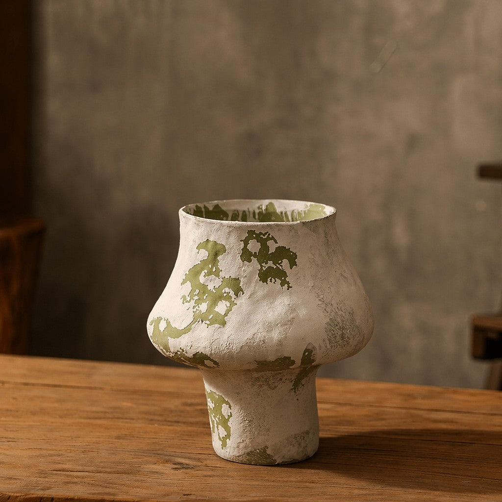 Hand-Thrown Distressed Vase — Cream & Olive, Organic Silhouette - Cypress