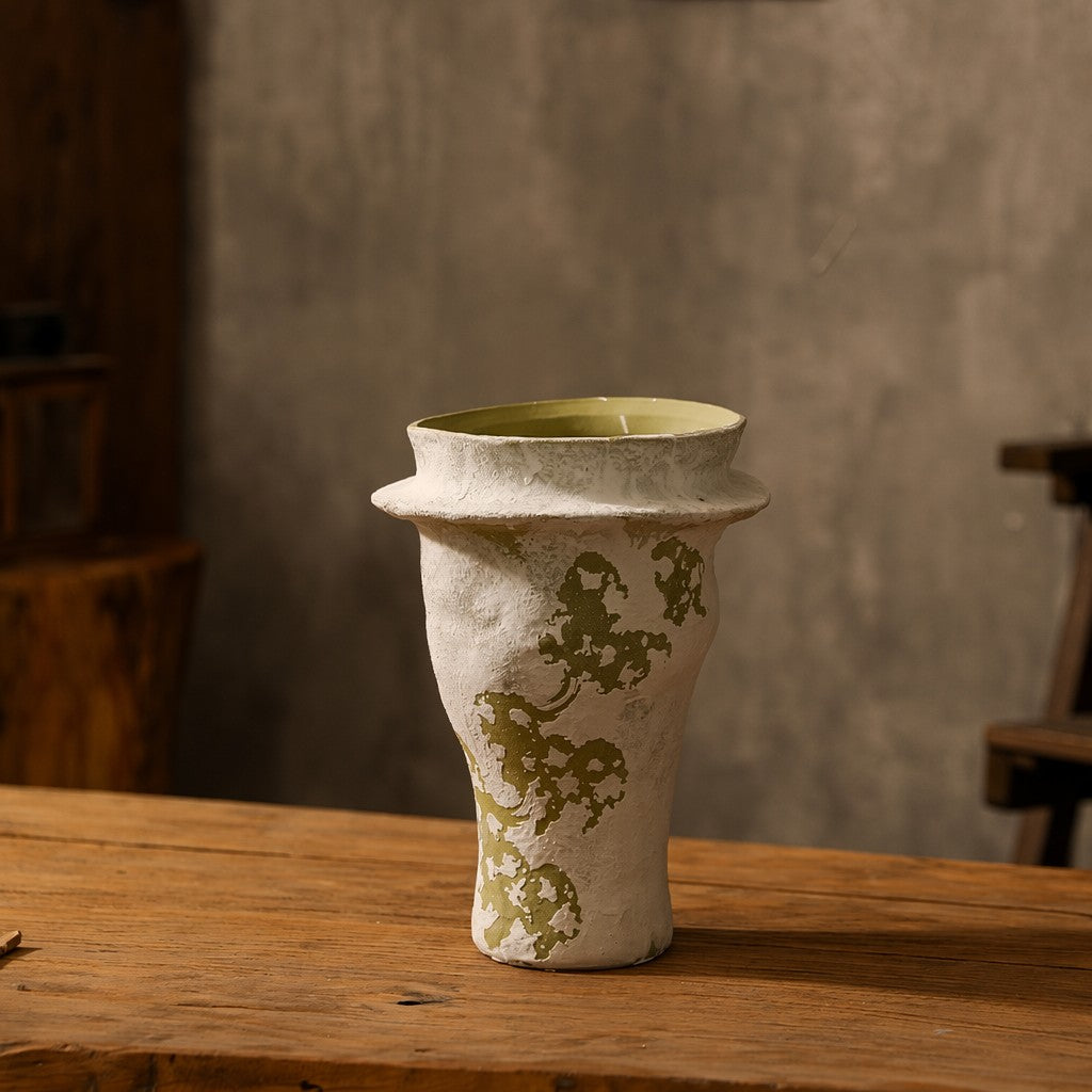 Hand-Thrown Distressed Vase — Cream & Olive, Organic Silhouette - Cypress