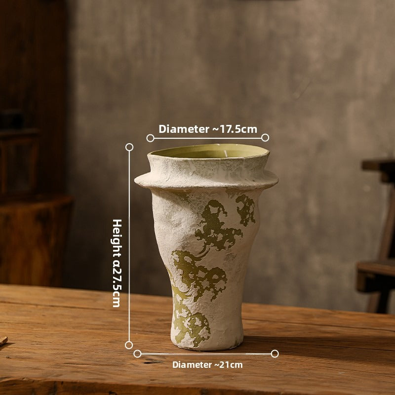 Hand-Thrown Distressed Vase — Cream & Olive, Organic Silhouette - Cypress