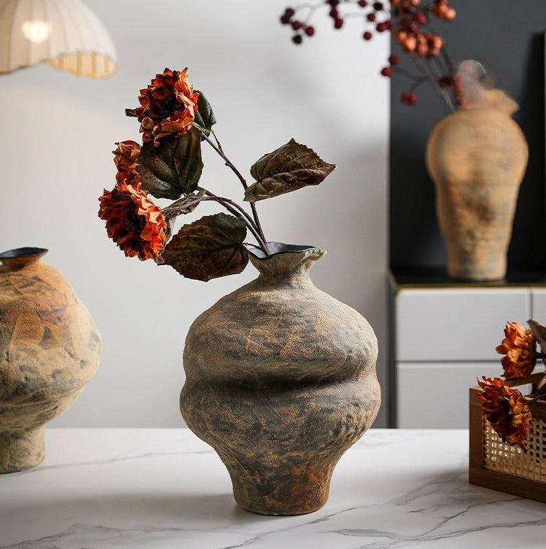 Hand-Thrown Stoneware Vase — Textured, Earth-Toned, Asymmetrical - Stone