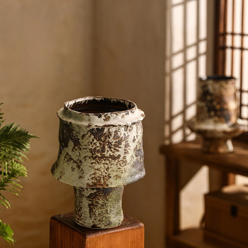 Hand-Thrown Mushroom Planter — Crawling Glaze, Pedestal Base