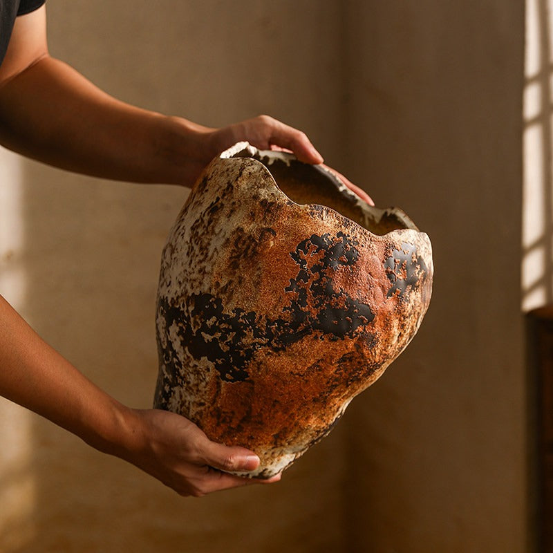 Hand-Thrown Crater Vase — Blackened Patina, Wavy Rim - Large