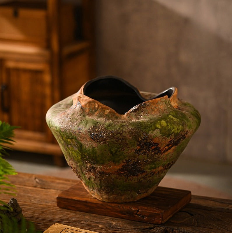 Hand-Thrown Volcanic Planter — Wide Basin, Wavy Rim