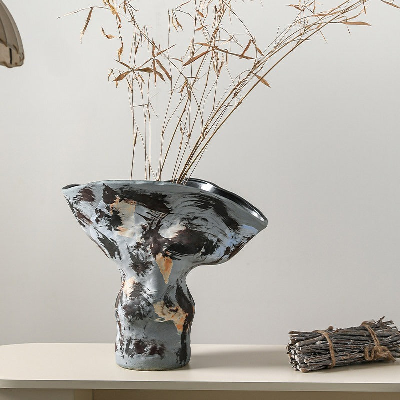 Hand-Thrown Ink-Wash Vase — Flared Rim, Gestural Glaze