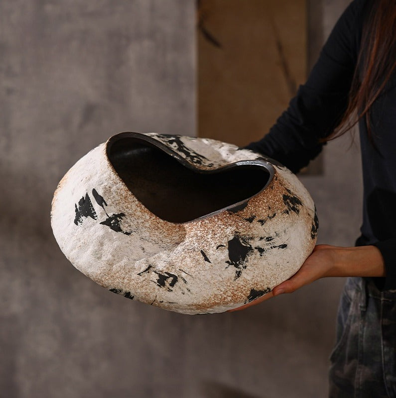 Hand-Thrown Sculptural Planter — Organic Form, Ink Splash Glaze