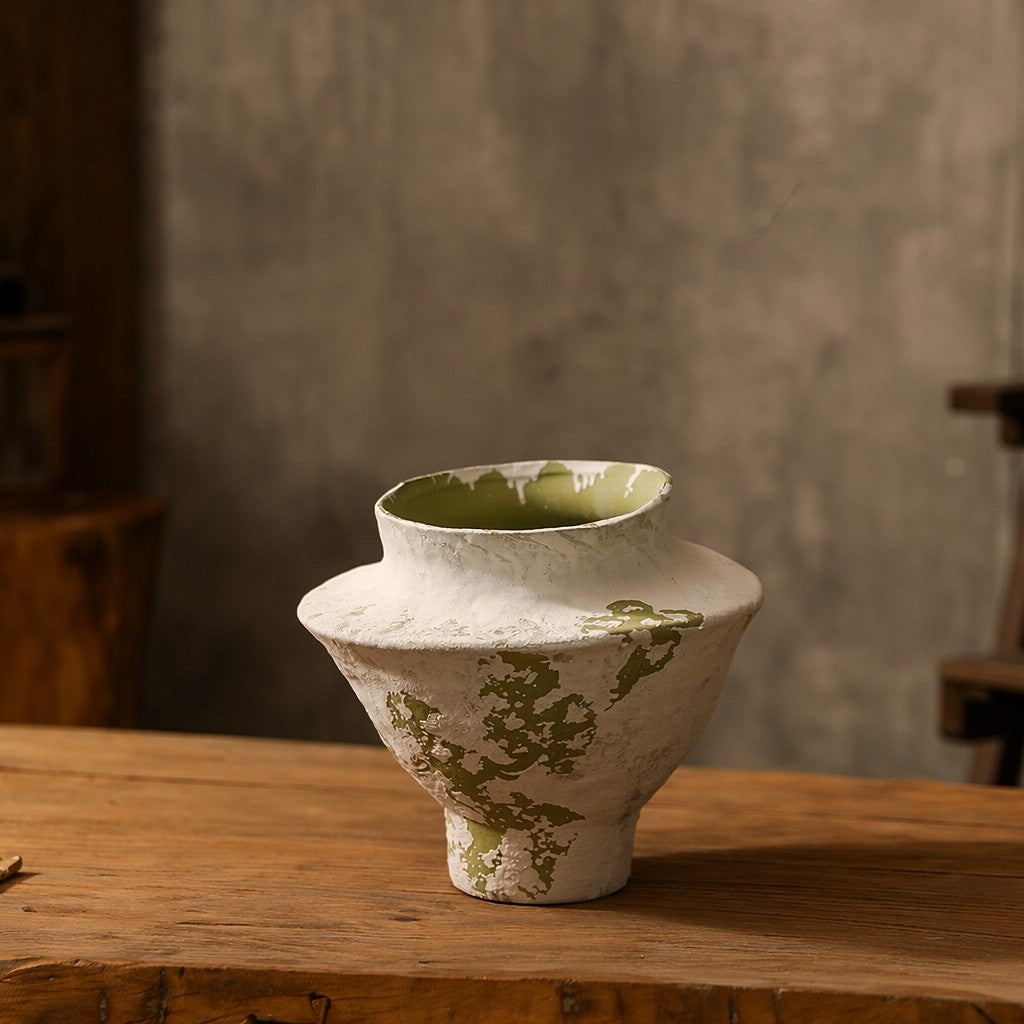 Hand-Thrown Distressed Vase — Cream & Olive, Organic Silhouette - Cypress