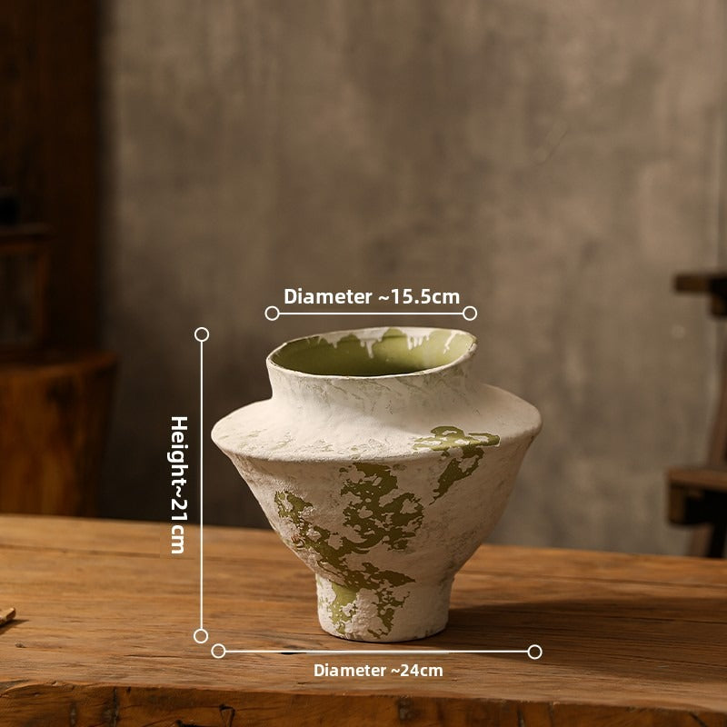Hand-Thrown Distressed Vase — Cream & Olive, Organic Silhouette - Cypress
