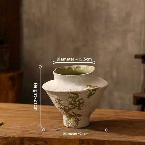 Hand-Thrown Distressed Vase — Cream & Olive, Organic Silhouette - Sage