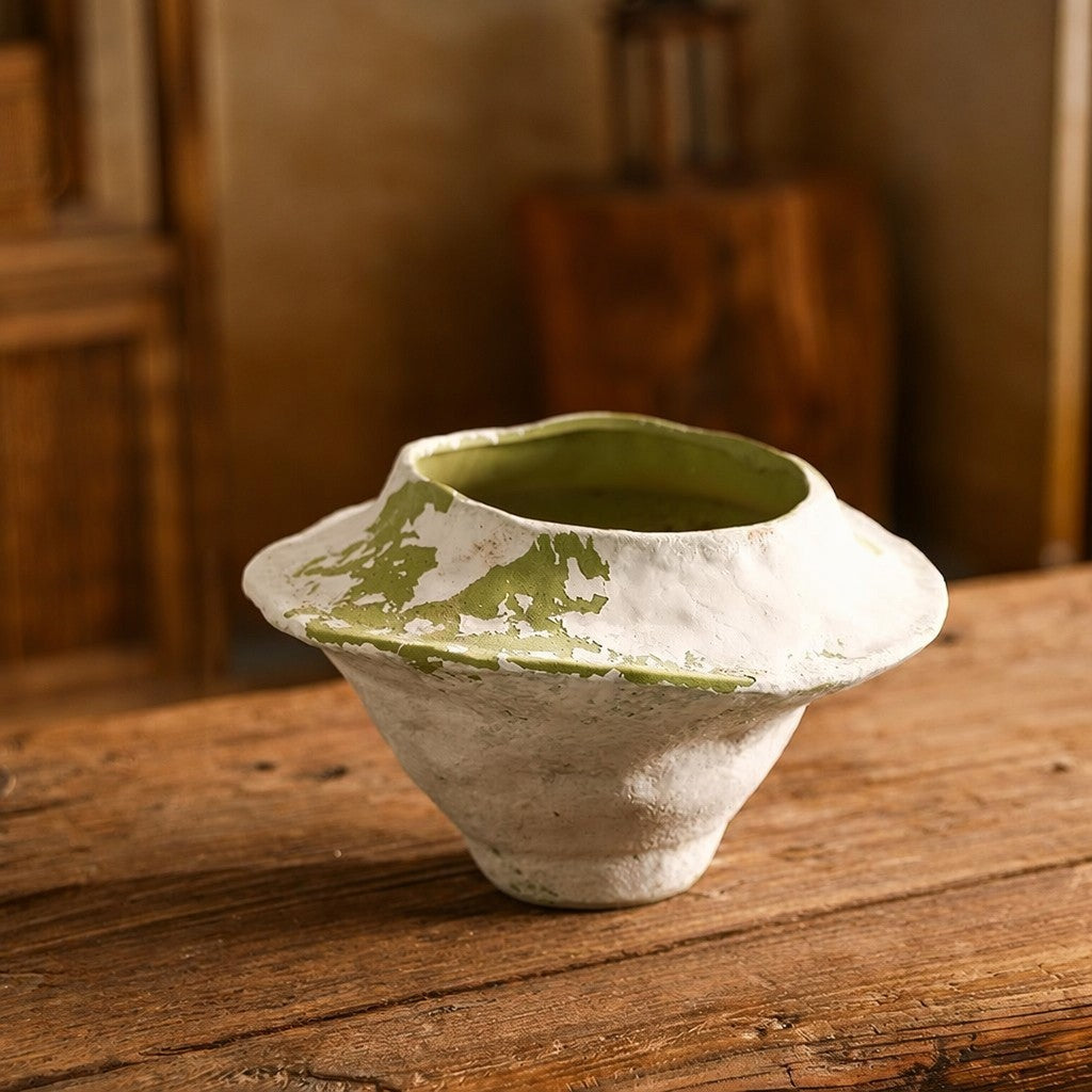 Hand-Thrown Distressed Vase — Cream & Olive, Organic Silhouette - Cypress