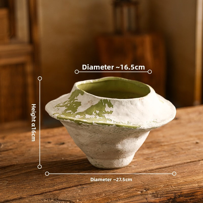 Hand-Thrown Distressed Vase — Cream & Olive, Organic Silhouette - Cypress