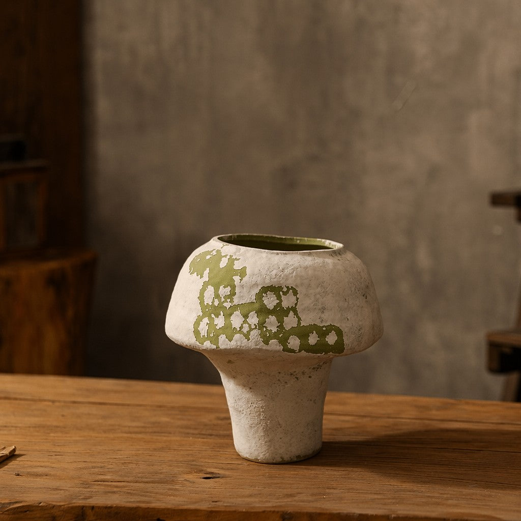 Hand-Thrown Distressed Vase — Cream & Olive, Organic Silhouette - Cypress