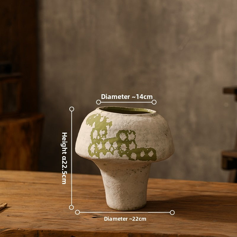 Hand-Thrown Distressed Vase — Cream & Olive, Organic Silhouette - Cypress
