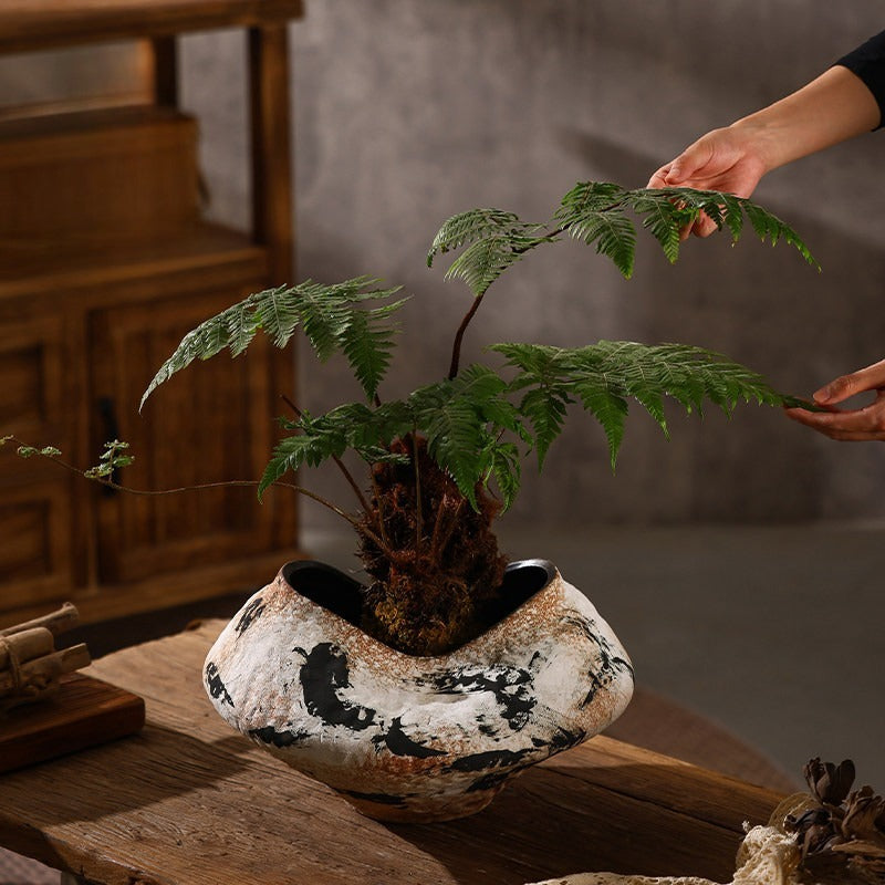 Hand-Thrown Sculptural Planter — Organic Form, Ink Splash Glaze