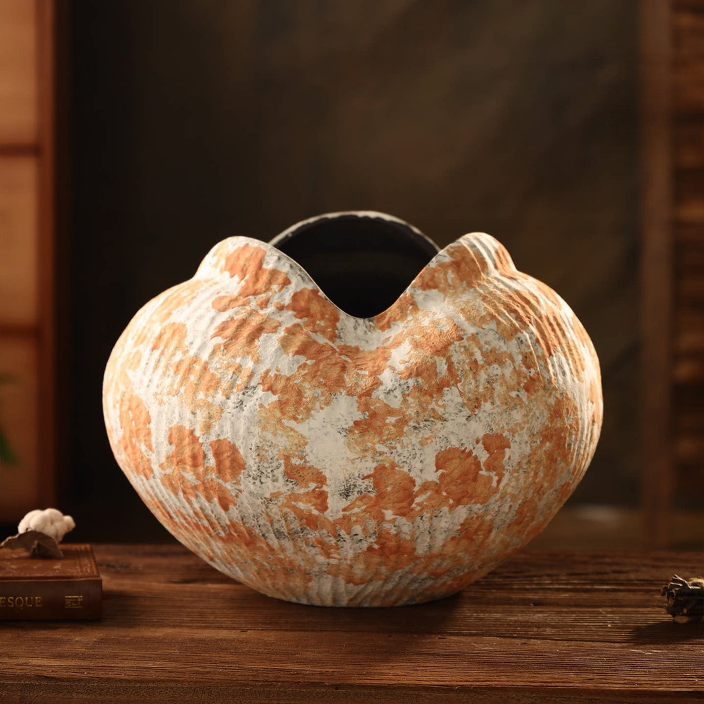 Hand-Thrown Ribbed Vase — Terracotta Speckle, Teardrop Opening