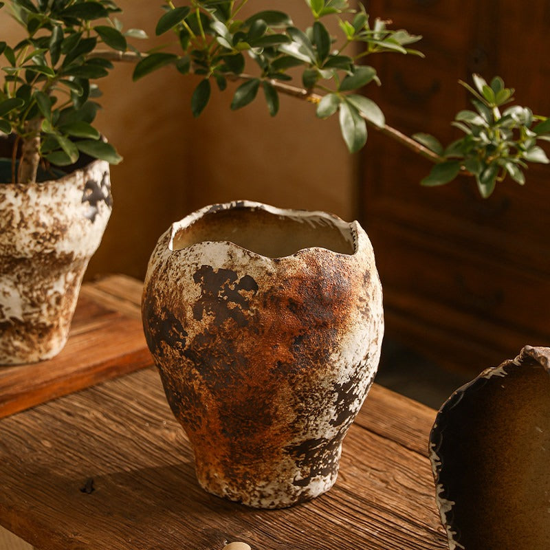 Hand-Thrown Crater Vase — Blackened Patina, Wavy Rim - Large