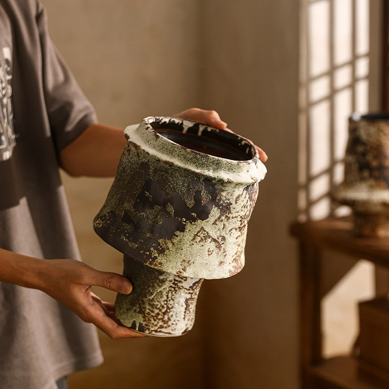 Hand-Thrown Mushroom Planter — Crawling Glaze, Pedestal Base