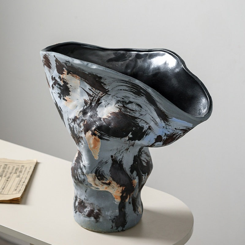 Hand-Thrown Ink-Wash Vase — Flared Rim, Gestural Glaze