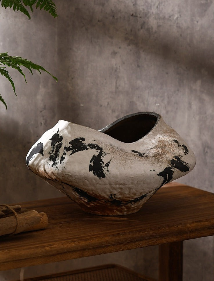 Hand-Thrown Sculptural Planter — Organic Form, Ink Splash Glaze