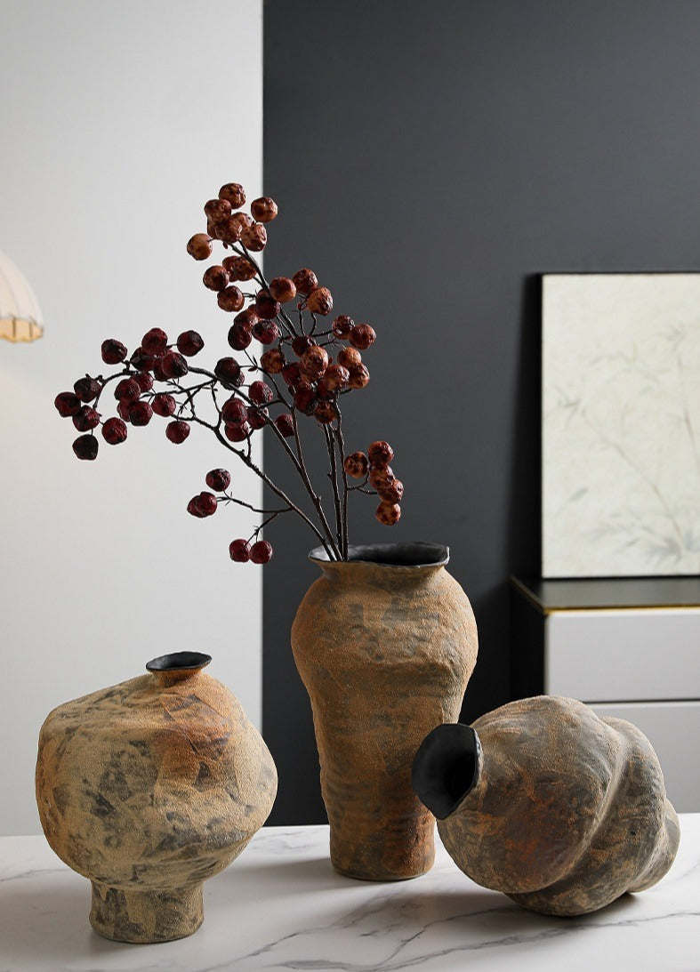 Hand-Thrown Stoneware Vase — Textured, Earth-Toned, Asymmetrical - Stone