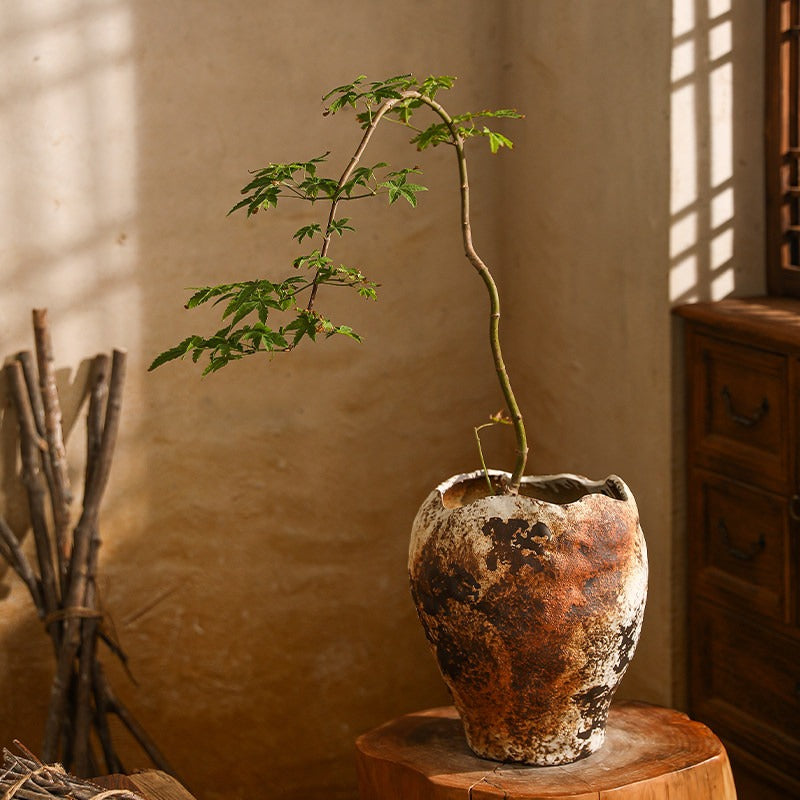 Hand-Thrown Crater Vase — Blackened Patina, Wavy Rim - Large