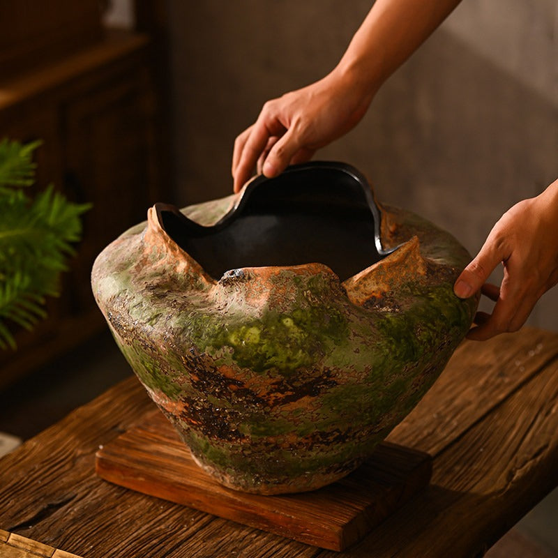 Hand-Thrown Volcanic Planter — Wide Basin, Wavy Rim