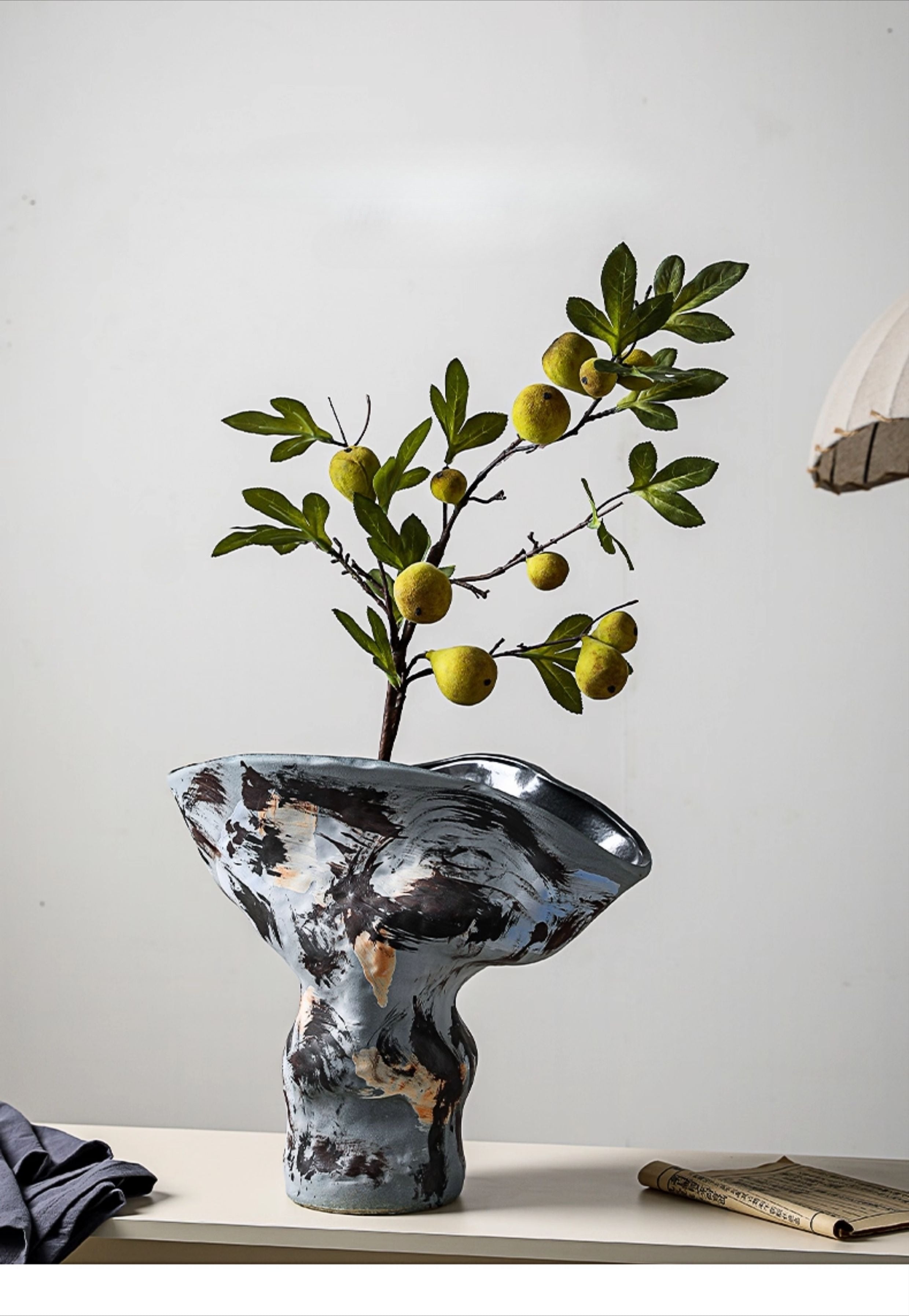 Hand-Thrown Ink-Wash Vase — Flared Rim, Gestural Glaze