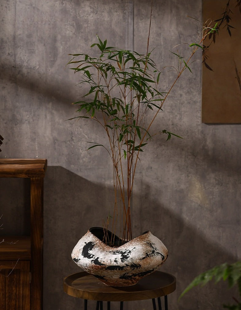 Hand-Thrown Sculptural Planter — Organic Form, Ink Splash Glaze