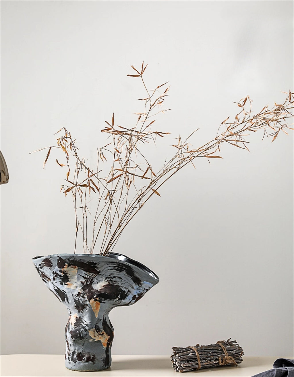 Hand-Thrown Ink-Wash Vase — Flared Rim, Gestural Glaze