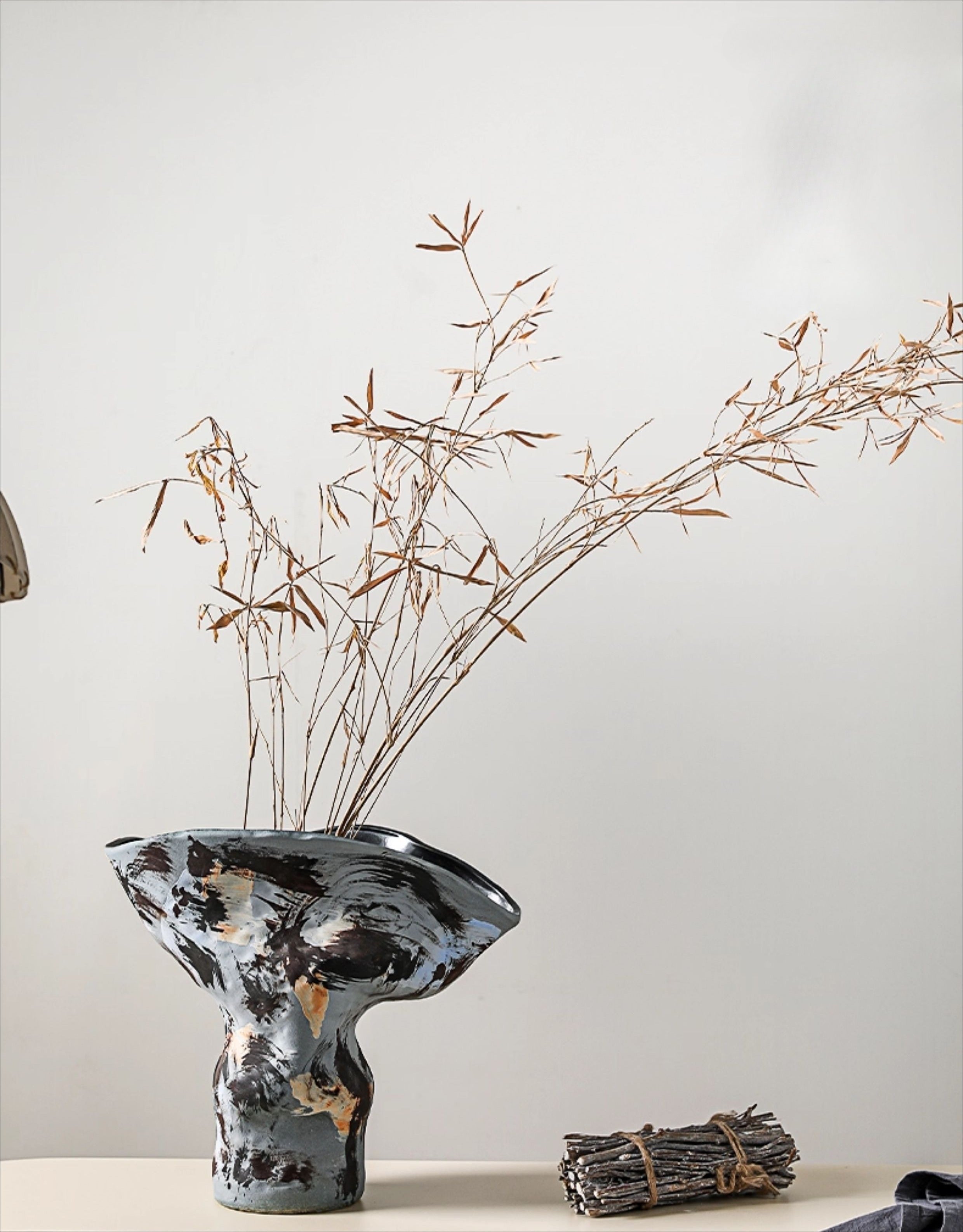 Hand-Thrown Ink-Wash Vase — Flared Rim, Gestural Glaze