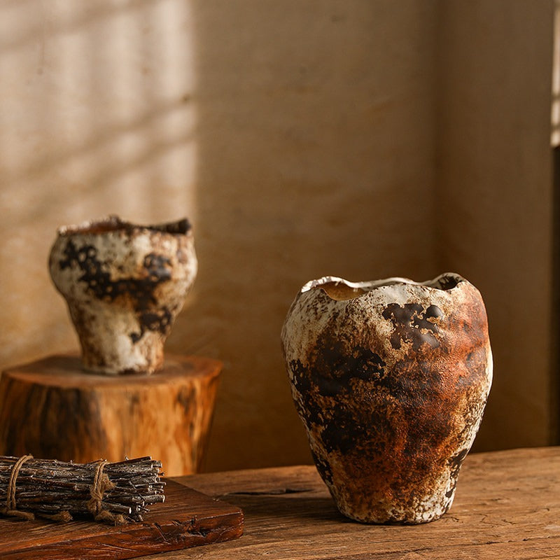 Hand-Thrown Crater Vase — Blackened Patina, Wavy Rim - Large