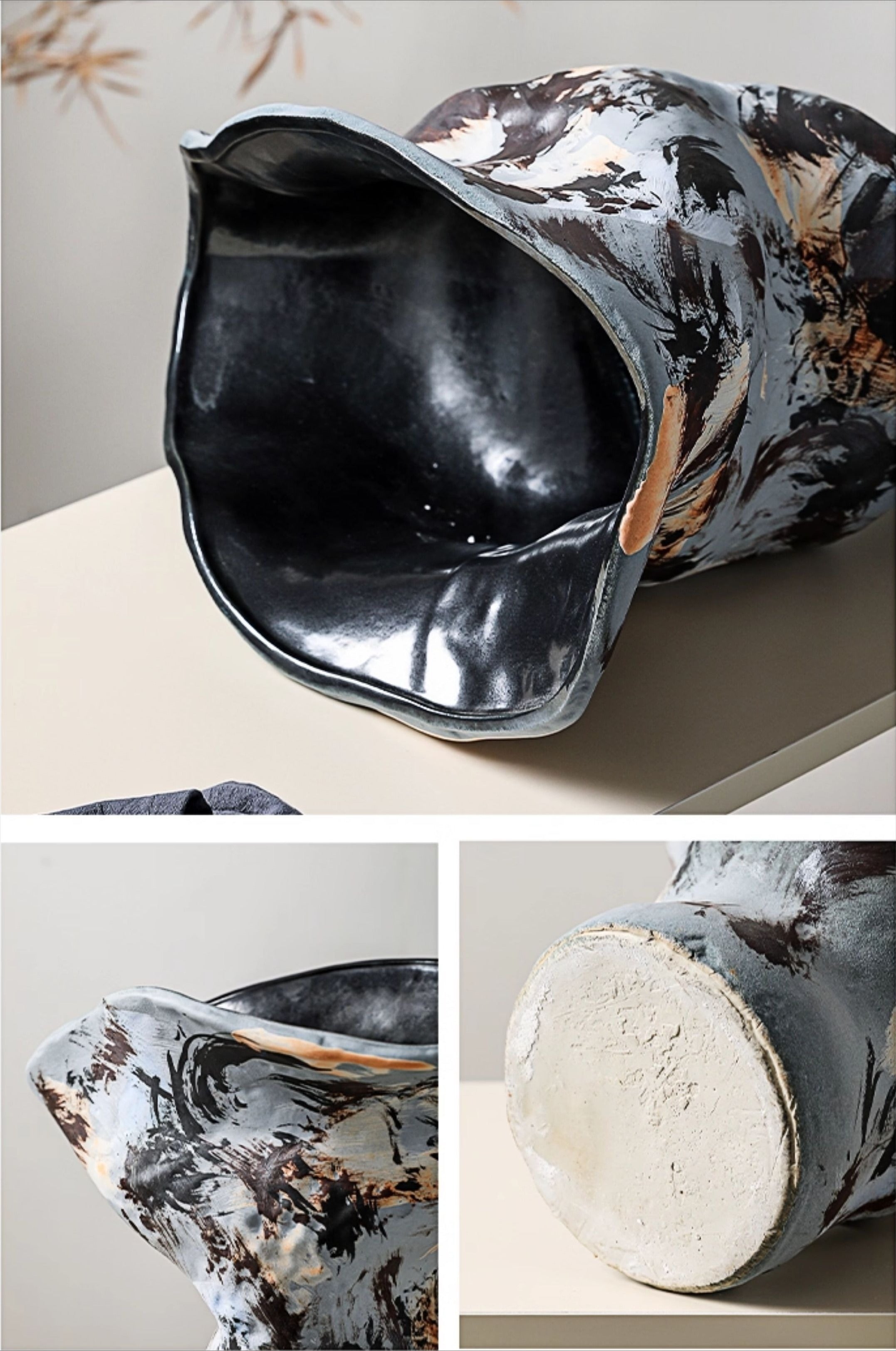 Hand-Thrown Ink-Wash Vase — Flared Rim, Gestural Glaze
