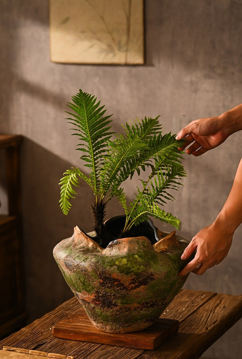 Hand-Thrown Volcanic Planter — Wide Basin, Wavy Rim