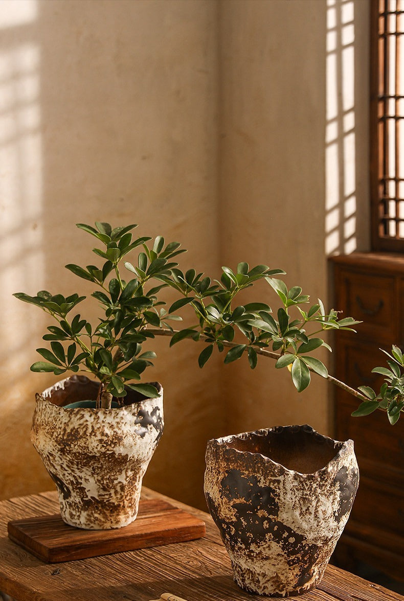 Hand-Thrown Crater Vase — Blackened Patina, Wavy Rim - Large