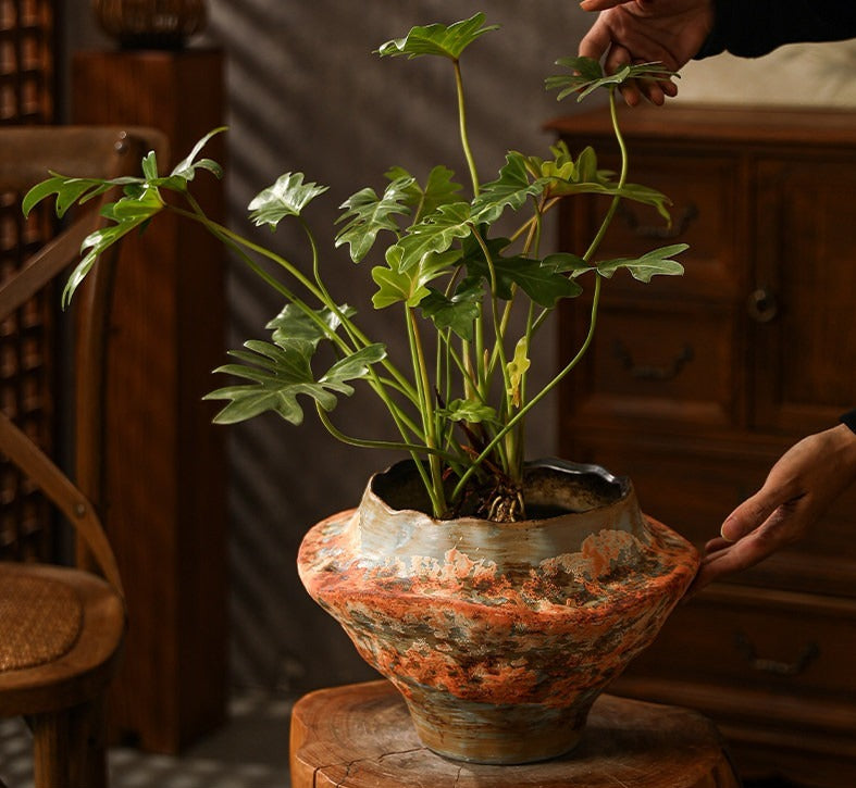Sculptural Hand-Thrown Planter — Wide Body, Wavy Rim