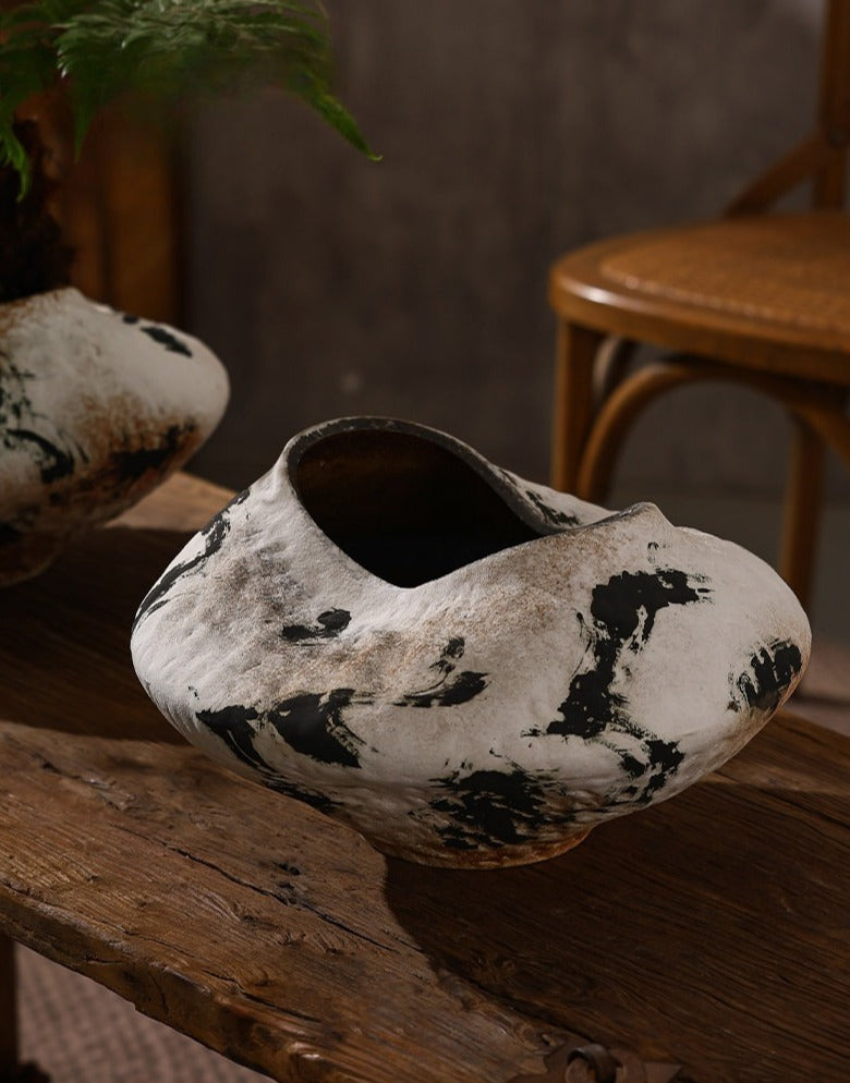 Hand-Thrown Sculptural Planter — Organic Form, Ink Splash Glaze