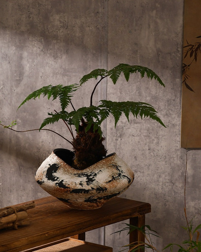 Hand-Thrown Sculptural Planter — Organic Form, Ink Splash Glaze