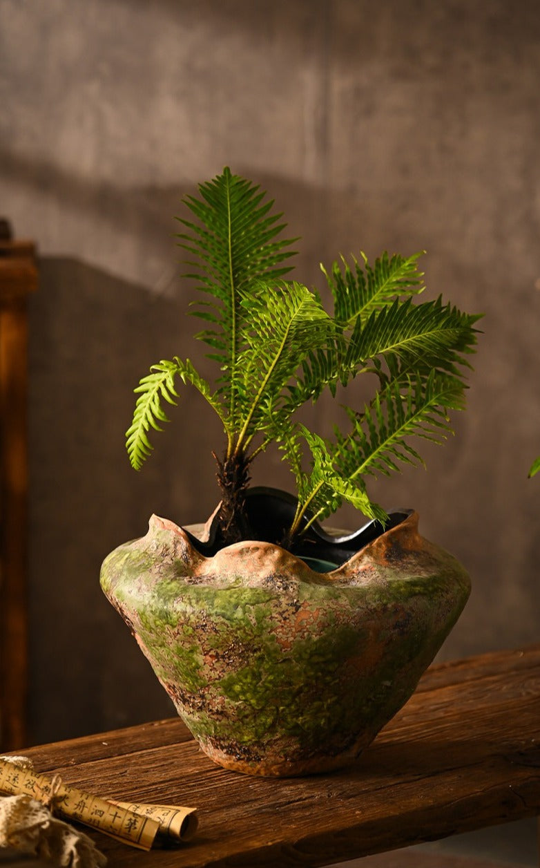 Hand-Thrown Volcanic Planter — Wide Basin, Wavy Rim