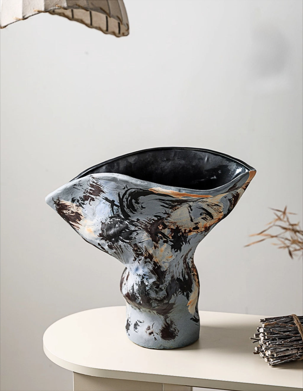 Hand-Thrown Ink-Wash Vase — Flared Rim, Gestural Glaze