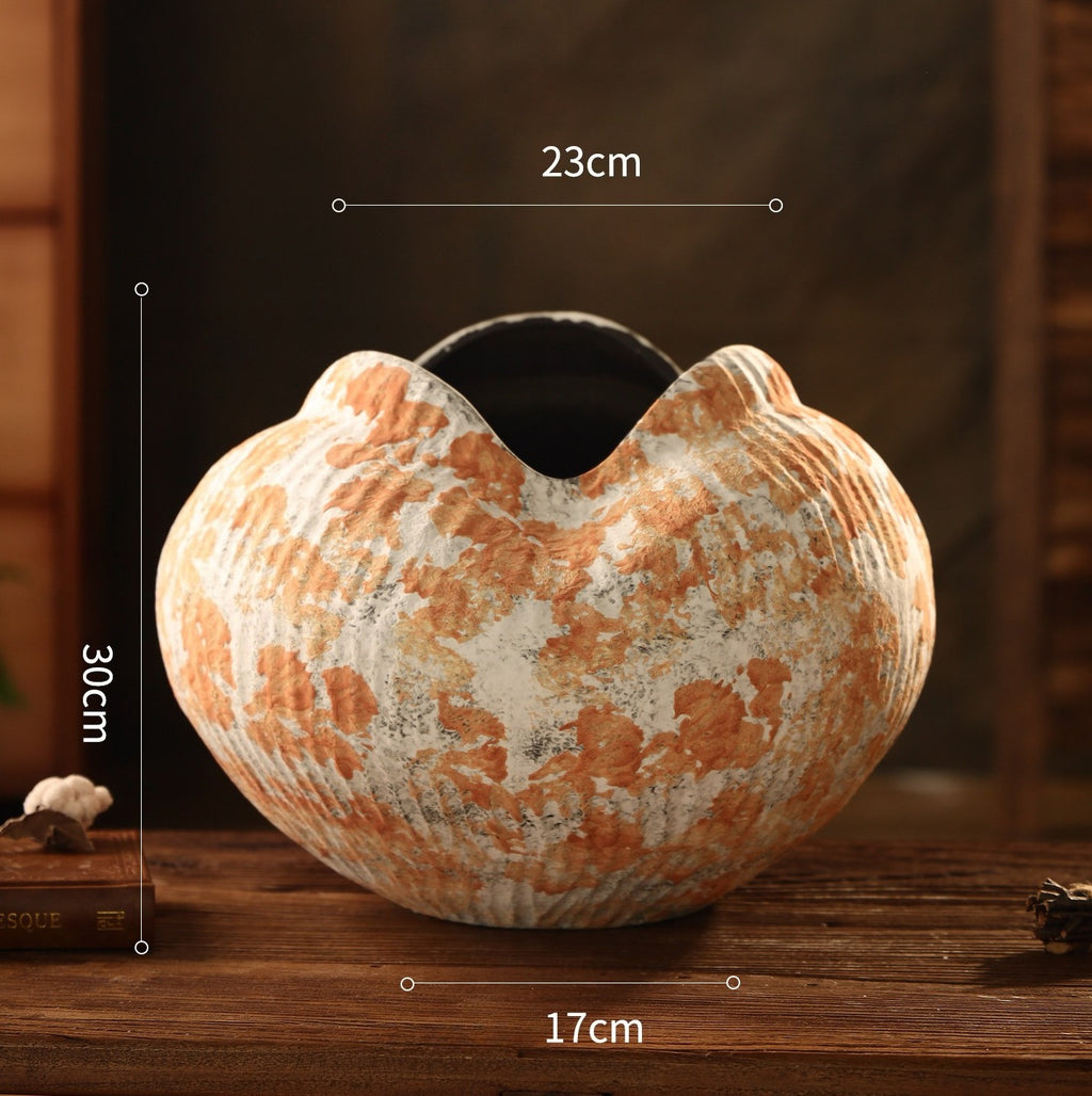 Hand-Thrown Ribbed Vase — Terracotta Speckle, Teardrop Opening