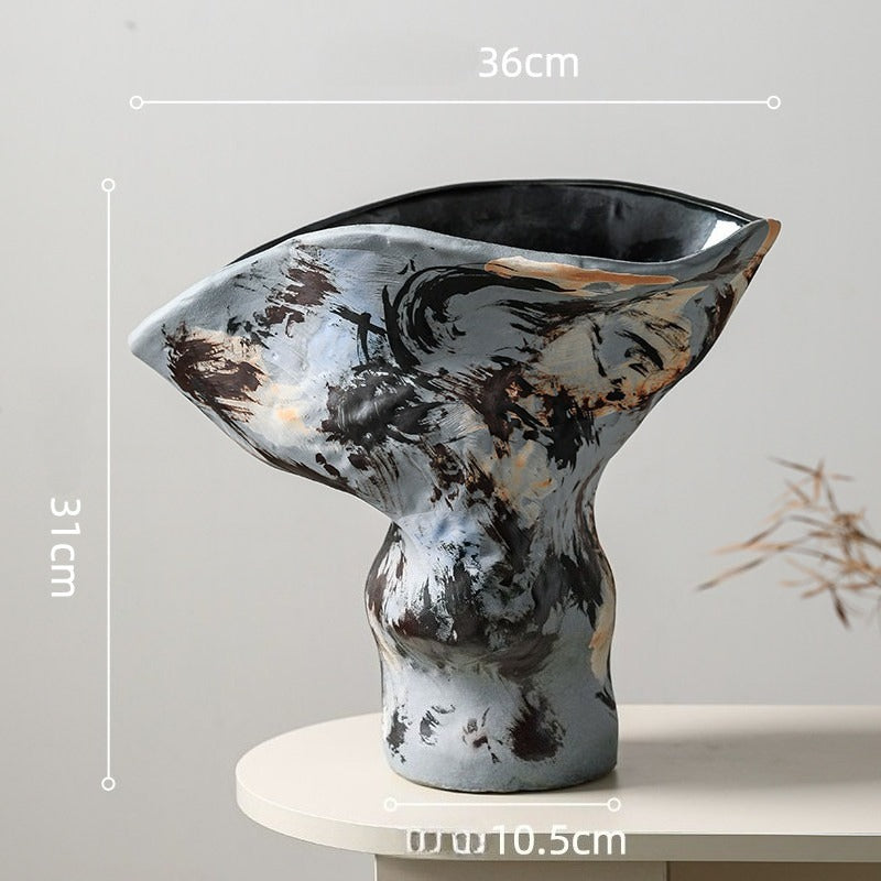 Hand-Thrown Ink-Wash Vase — Flared Rim, Gestural Glaze