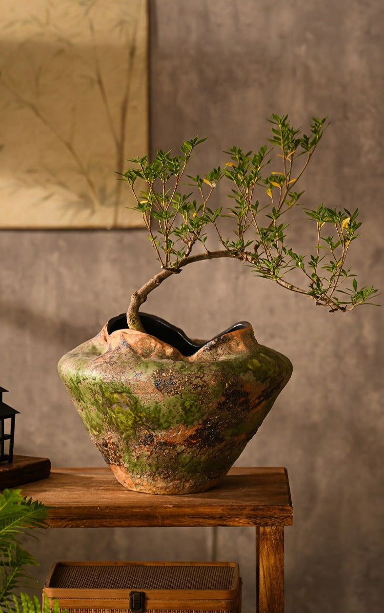 Hand-Thrown Volcanic Planter — Wide Basin, Wavy Rim