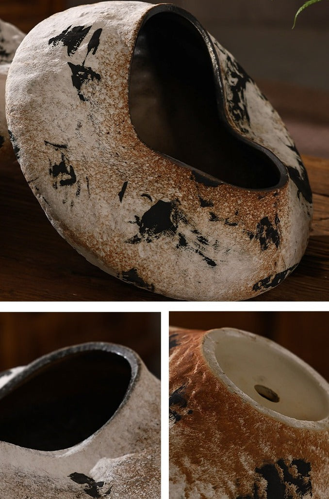 Hand-Thrown Sculptural Planter — Organic Form, Ink Splash Glaze