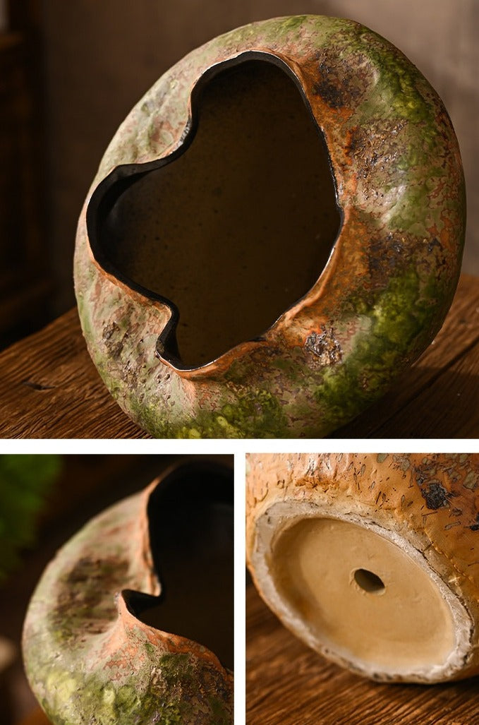 Hand-Thrown Volcanic Planter — Wide Basin, Wavy Rim