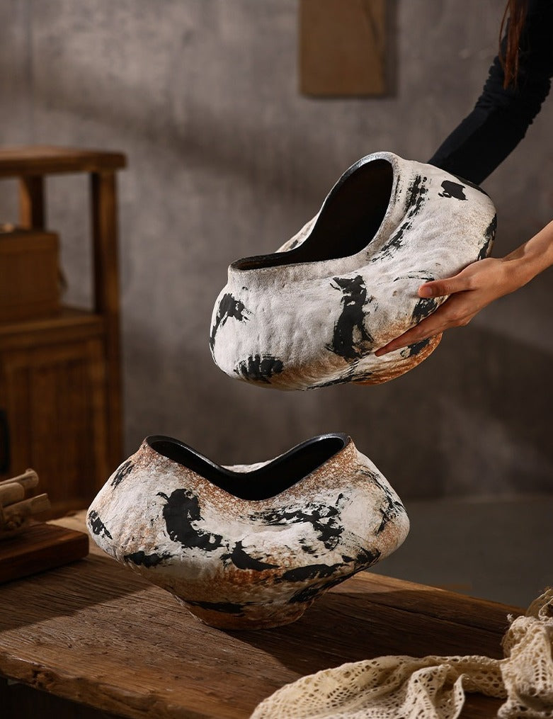 Hand-Thrown Sculptural Planter — Organic Form, Ink Splash Glaze