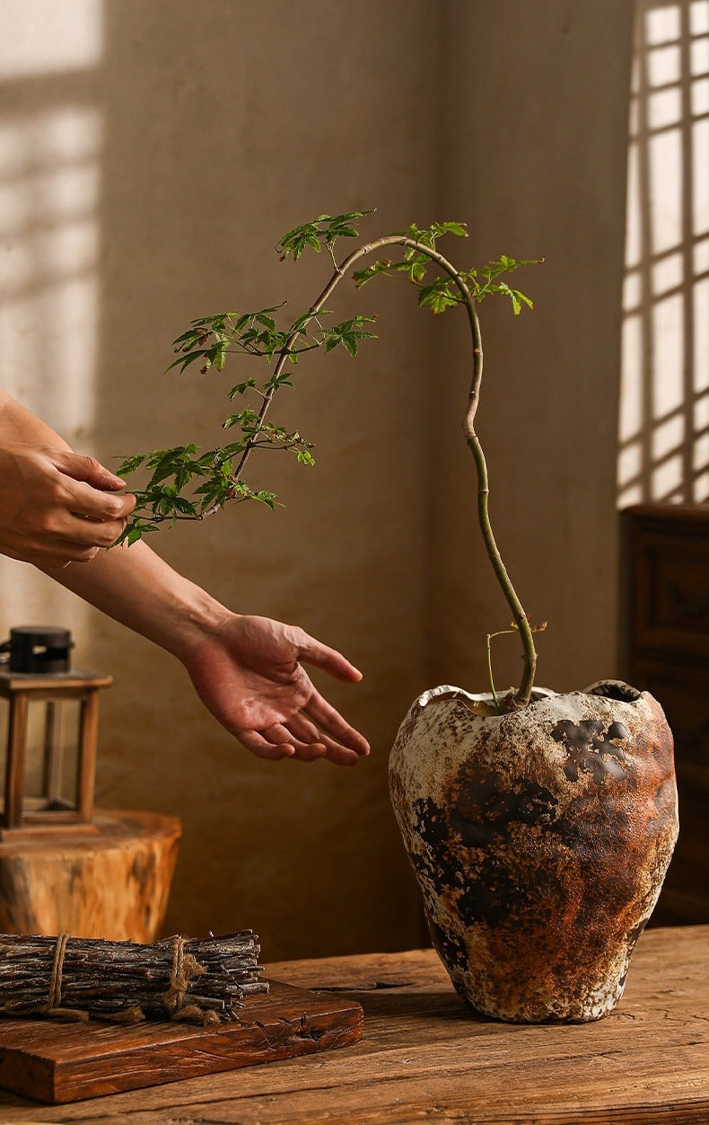 Hand-Thrown Crater Vase — Blackened Patina, Wavy Rim - Large